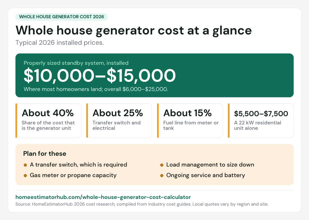 Whole house generator cost 2026 at a glance: $10,000–$15,000 for most properly sized systems, installed