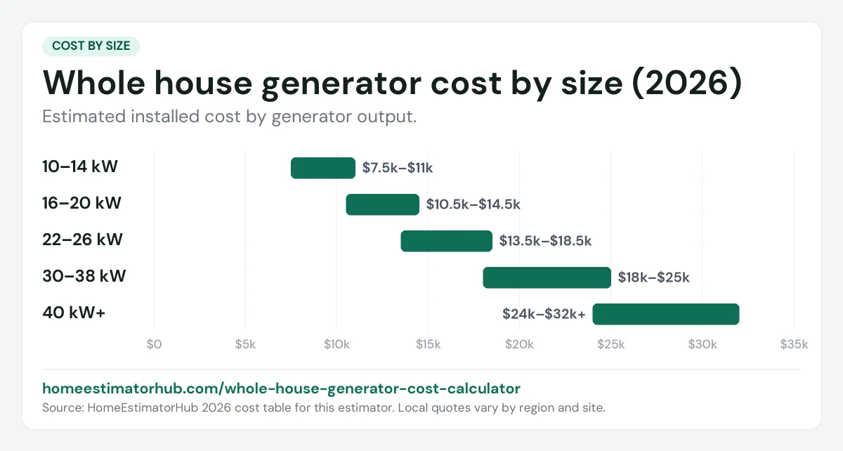 Whole house generator cost by size chart for 2026: 10–14 kW $7,500–$11,000 up to 40 kW+ $24,000–$32,000+