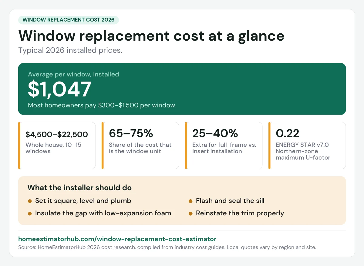 Window replacement cost 2026 at a glance: $1,047 average per window installed, most pay $300–$1,500